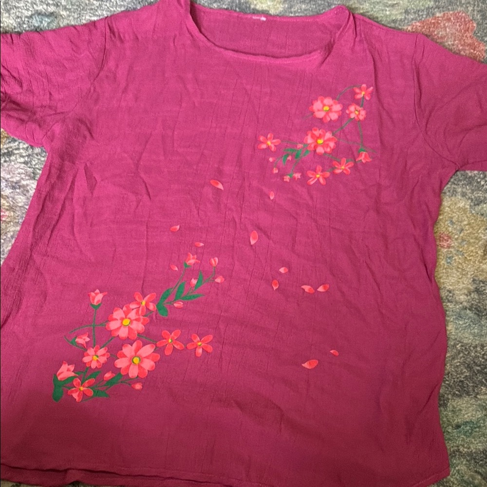 Vintage Hand Painted Floral Short-Sleeve Top